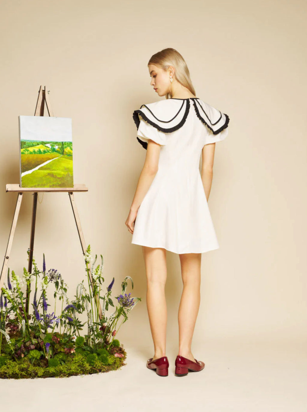 Sister Jane Ivory Flare Mini Dress with Black Trim Collar