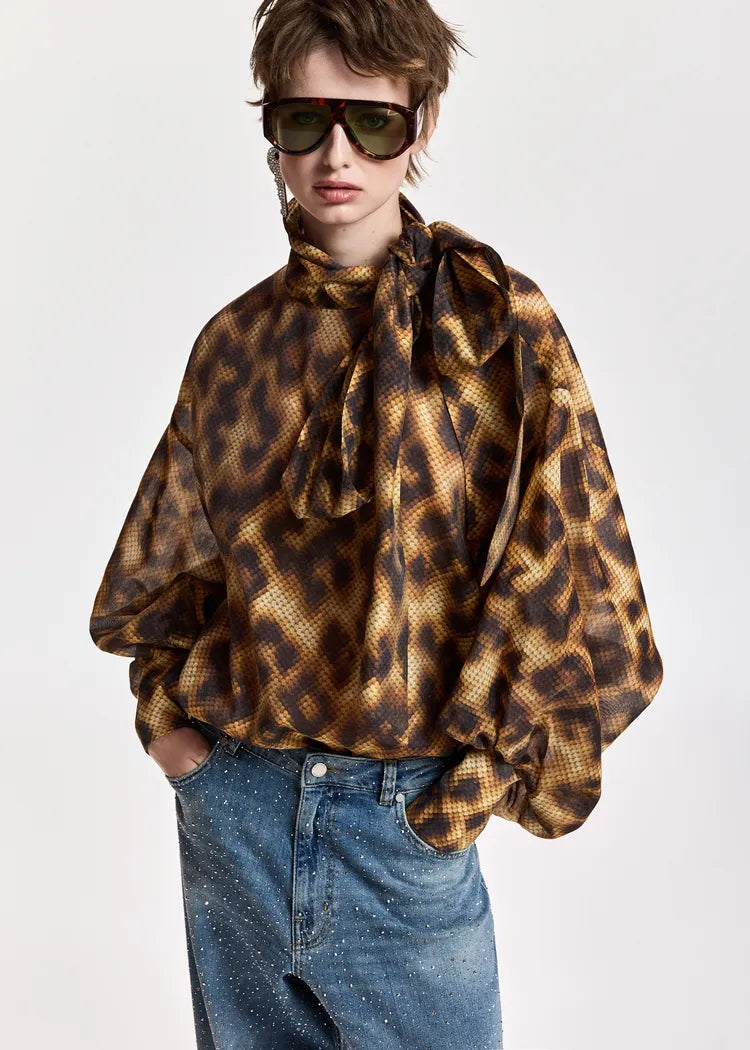 Essentiel Antwerp Leopard Print Organza Pussybow Blouse