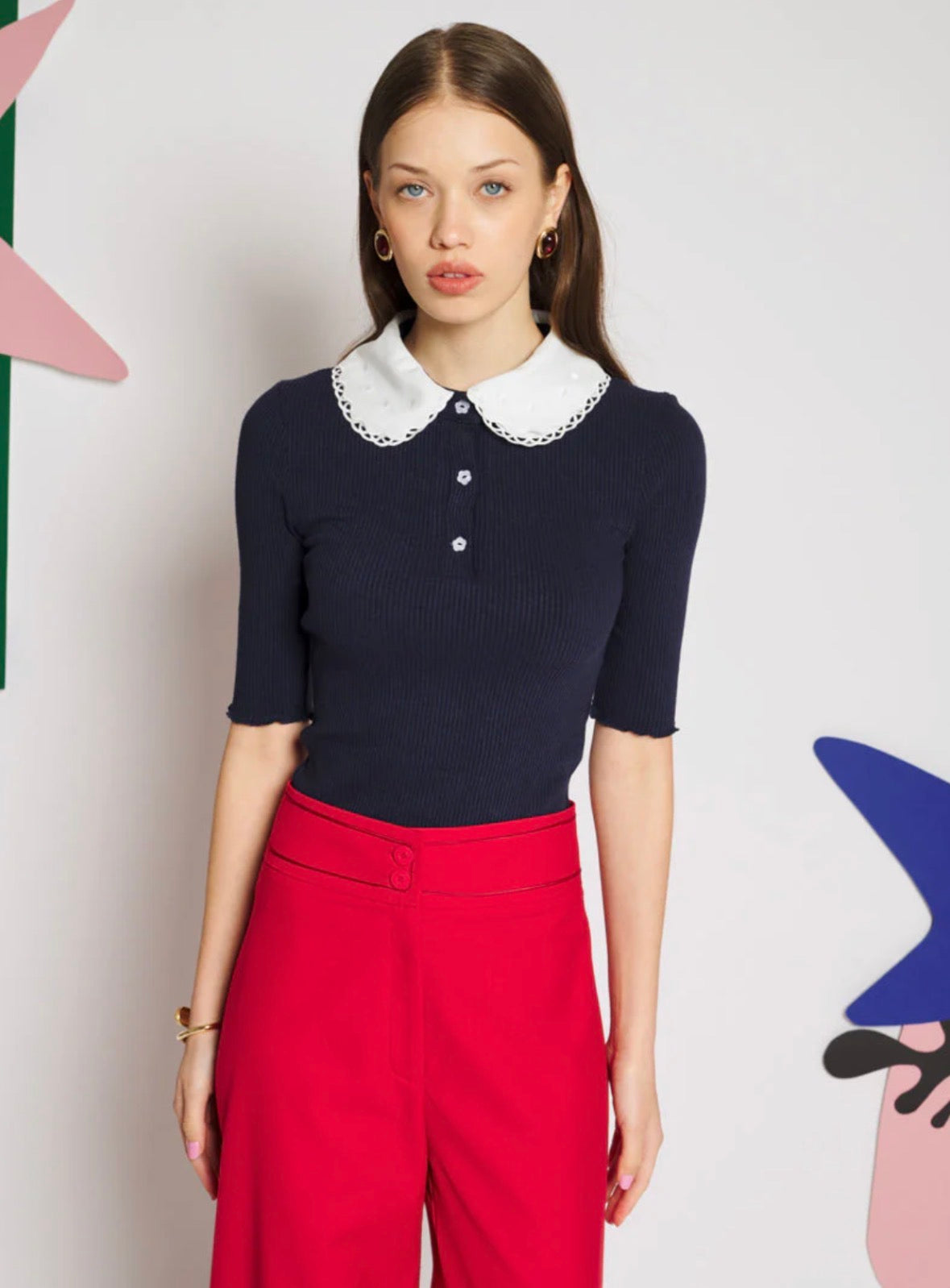 Sister Jane Navy Fine Knit Polo Top with White Collar