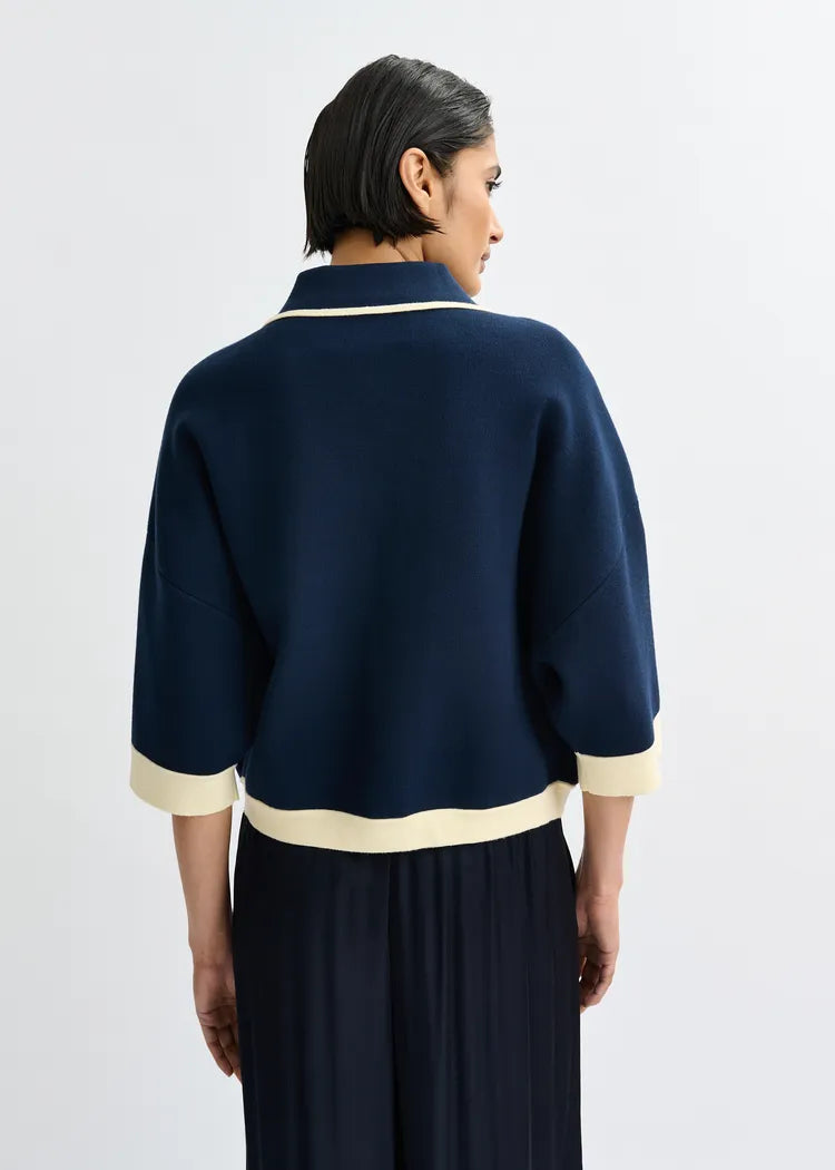 Essentiel Antwerp Navy Knit Cardigan with Flower Buttons & Contrasting Trim