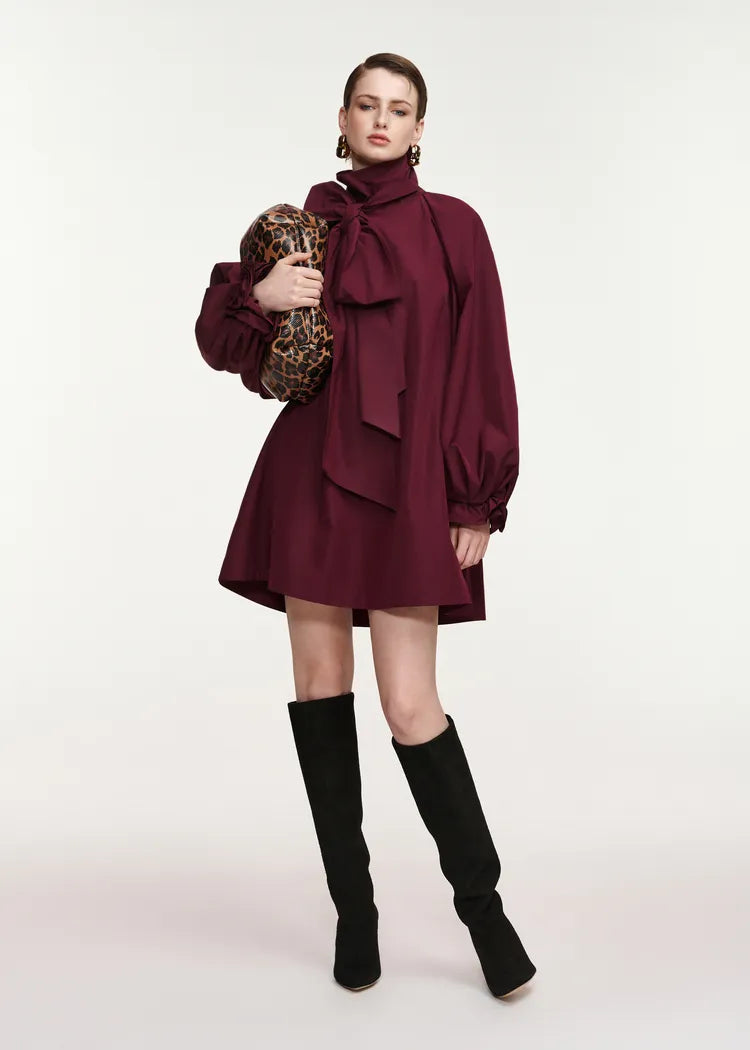 Essentiel Antwerp Oversized Burgundy Pussybow Mini Dress with Voluminous Sleeves