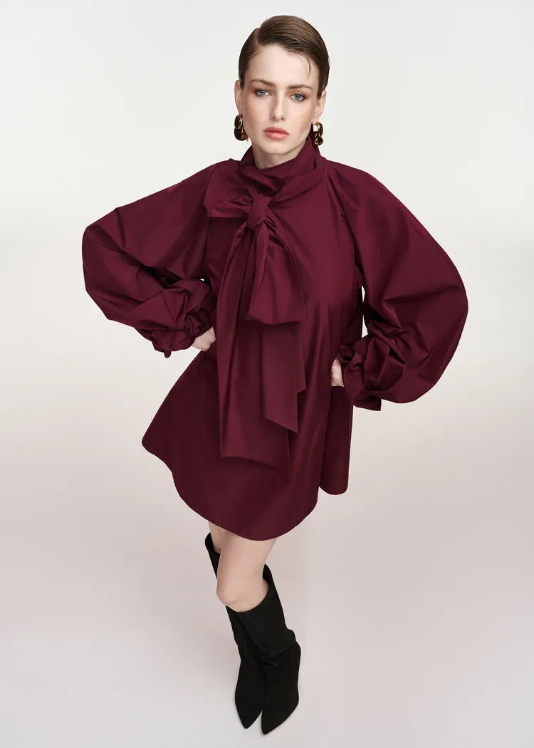 Essentiel Antwerp Oversized Burgundy Pussybow Mini Dress with Voluminous Sleeves
