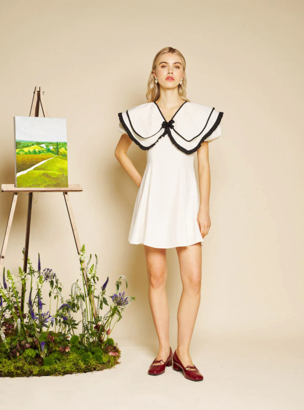 Sister Jane Ivory Flare Mini Dress with Black Trim Collar