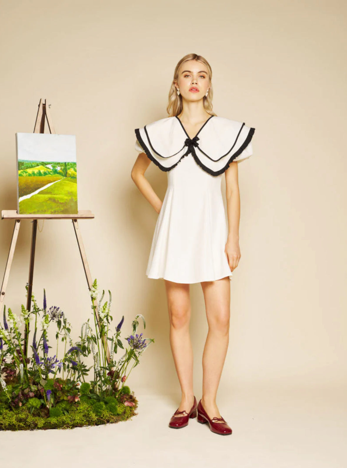 Sister Jane Ivory Flare Mini Dress with Black Trim Collar