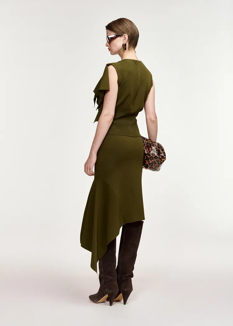 Essentiel Antwerp Khaki Green Skirt with Asymmetrical Frill