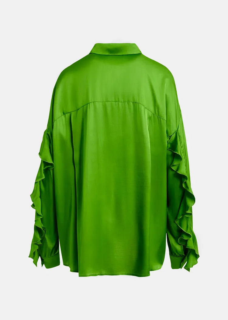 Essentiel Antwerp Green Fluid Oversized Blouse with Ruffle Trim