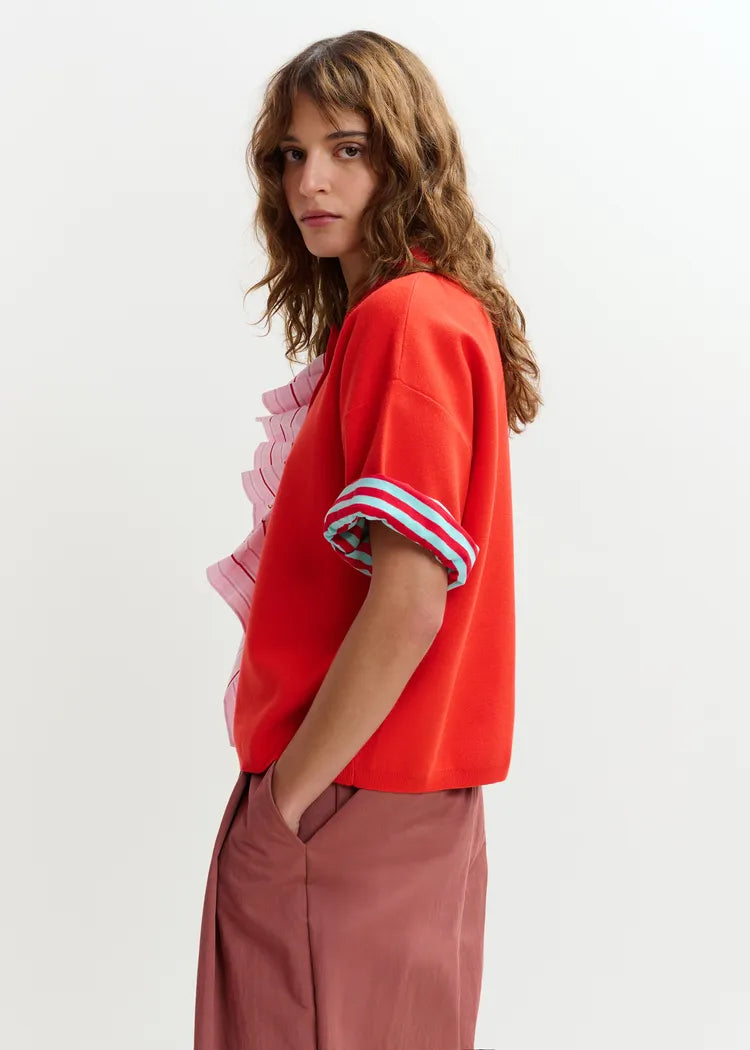 Essentiel Antwerp Orange Polo Top with Pink Ruffle