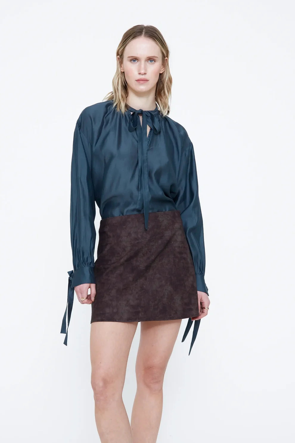 Wild Pony Teal Satin Blouse with Tie Neck
