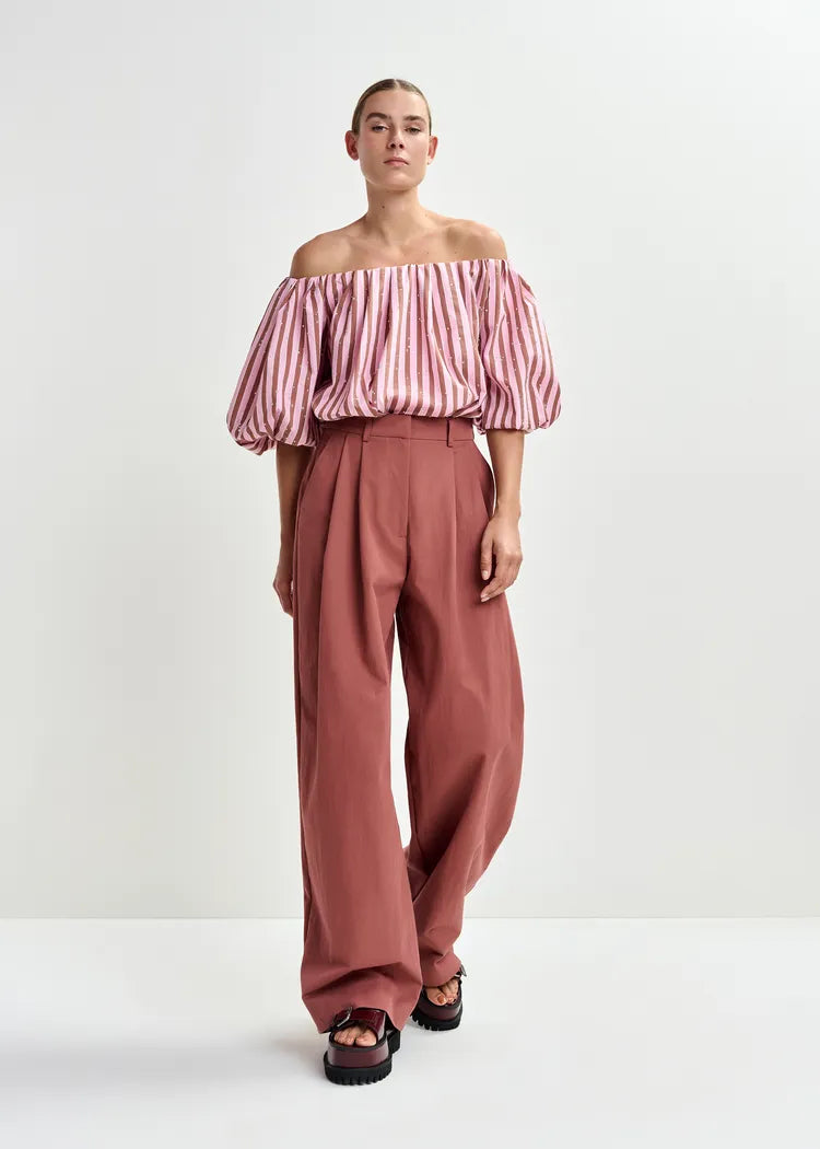 Essentiel Antwerp Pink & Brown Striped Off-the-Shoulder Bodysuit with Diamante Embellishments