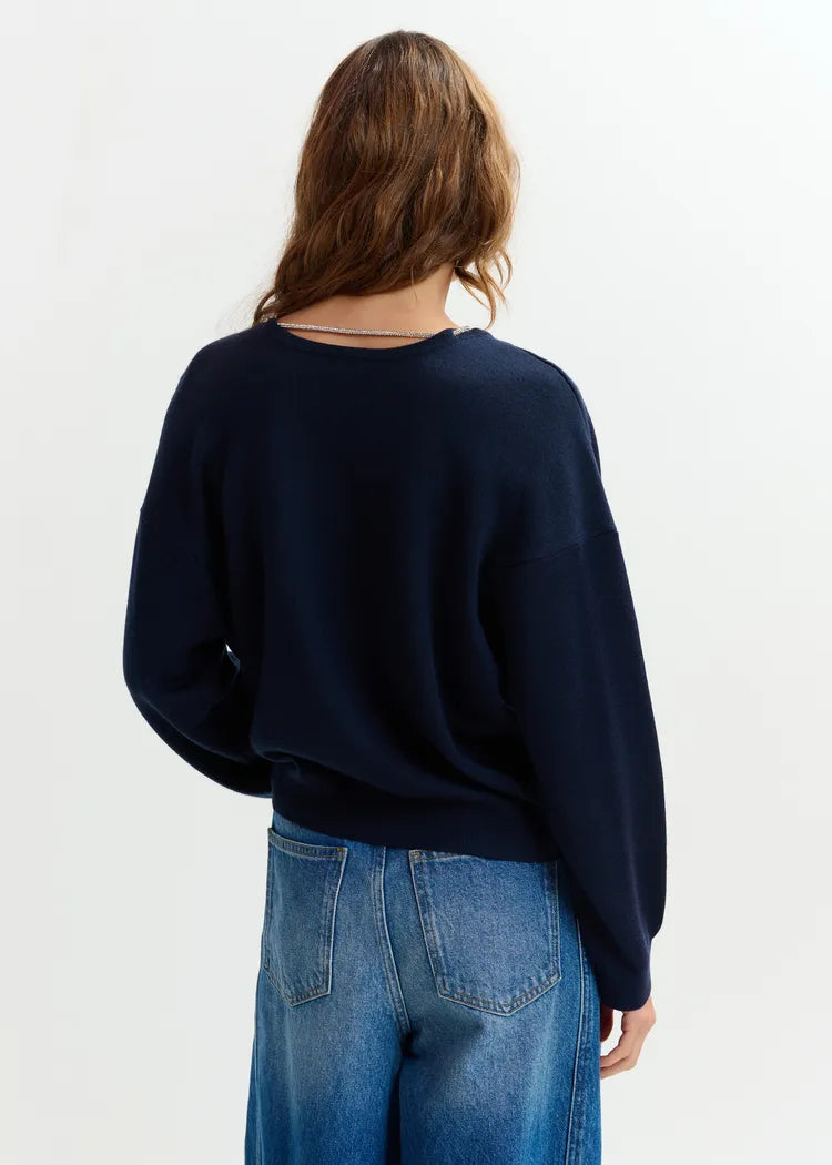 Essentiel Antwerp Navy Fine Knit Sweater with V-Back & Rhinestone Necklace