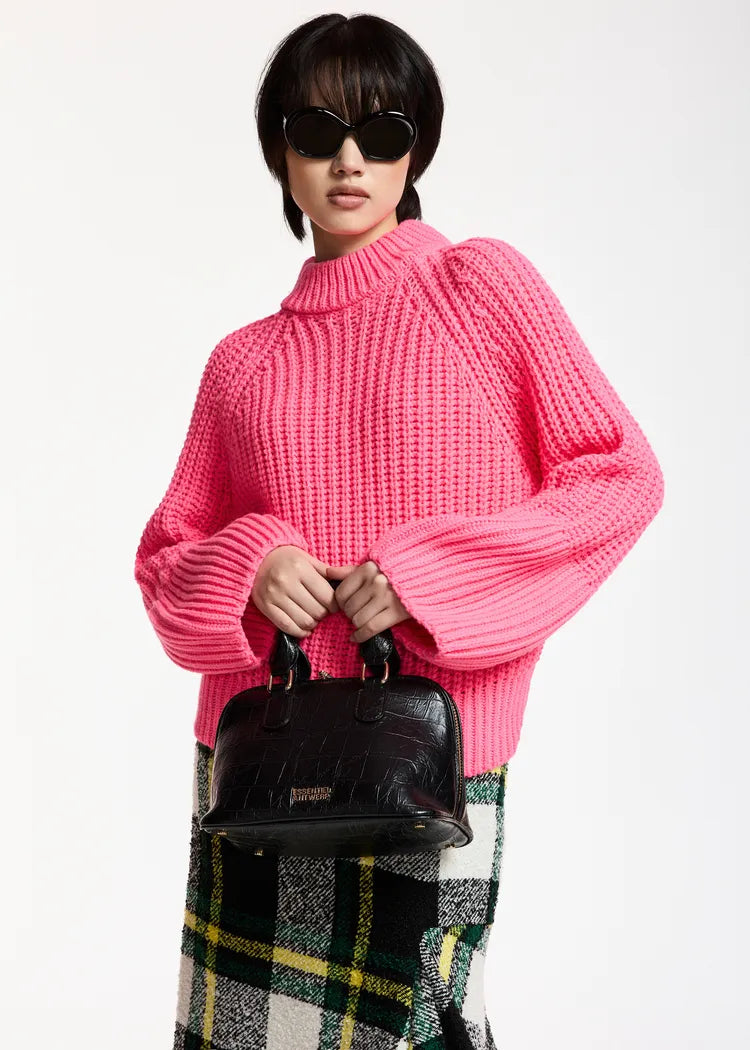 Essentiel Antwerp Neon Pink Chunky Turtleneck Knit with Voluminous Sleeves