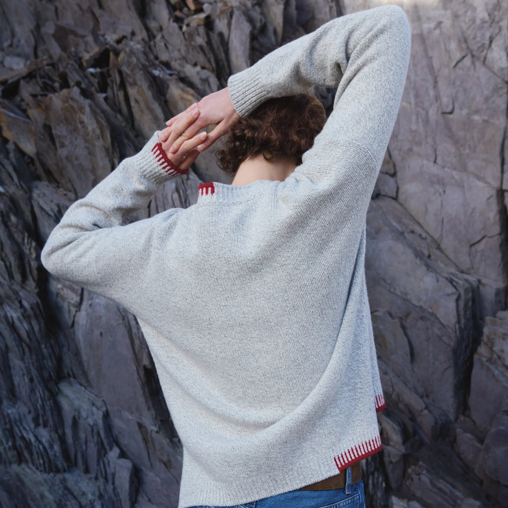 Fisherman Out of Ireland Stone Cashmere Wool Crew Neck with Red Blanket Stitch
