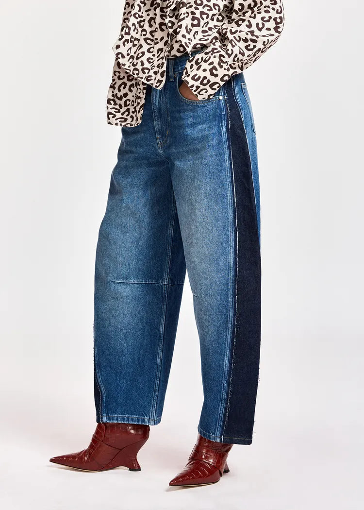 Essentiel Antwerp Blue Barrel-Leg Denim Jeans with Black Side Panels