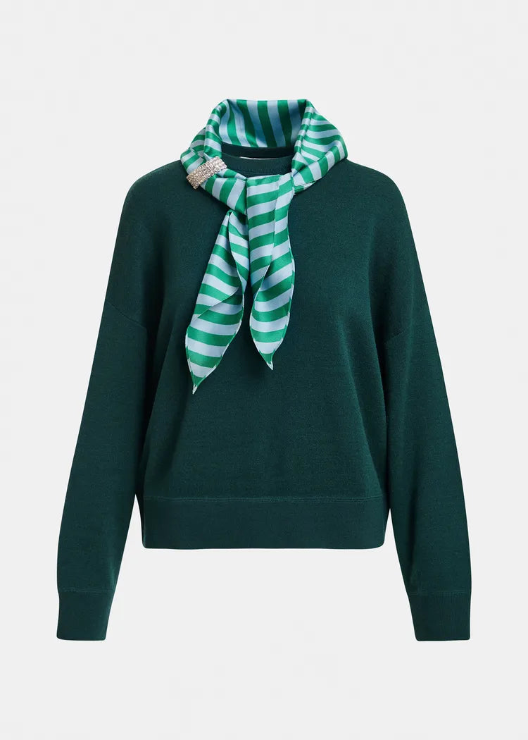 Essentiel Antwerp Forest Green Knit Sweatshirt with Striped Scarf & Brooch