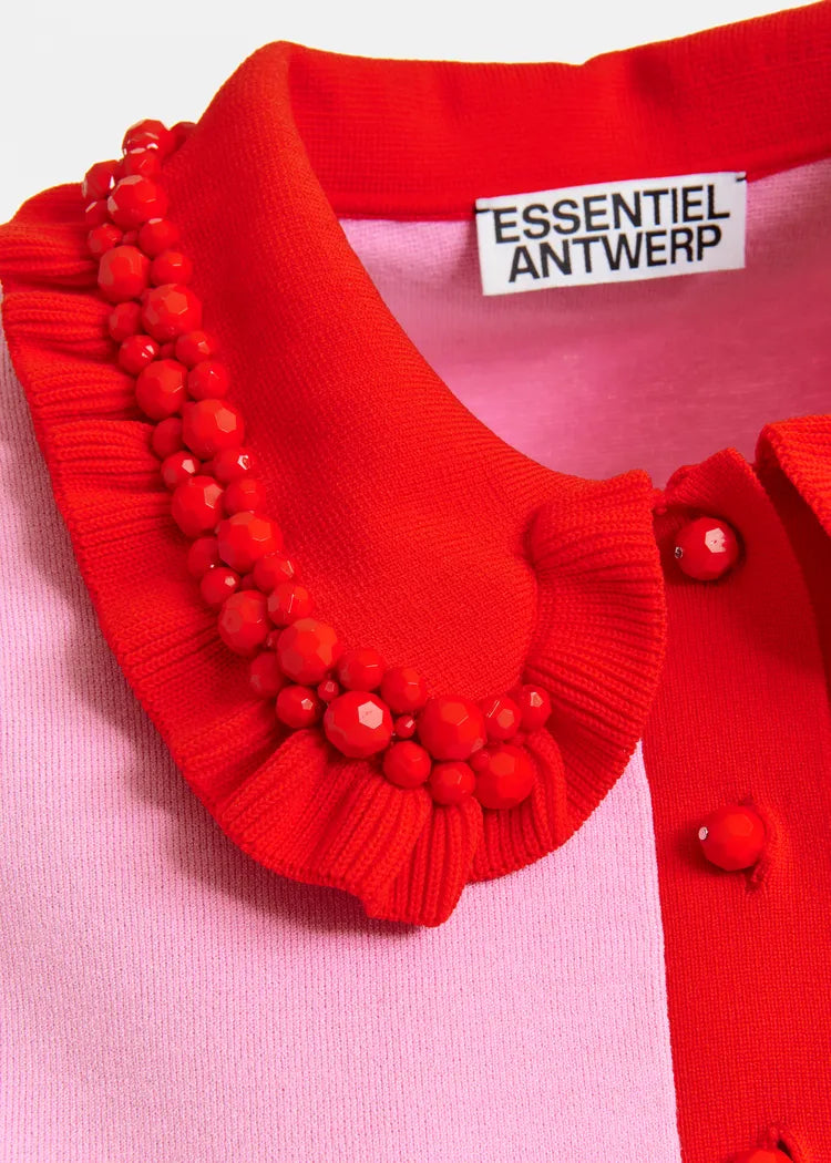 Essentiel Antwerp Pink Knit Polo Top with Red Frill Collar & Embellishment