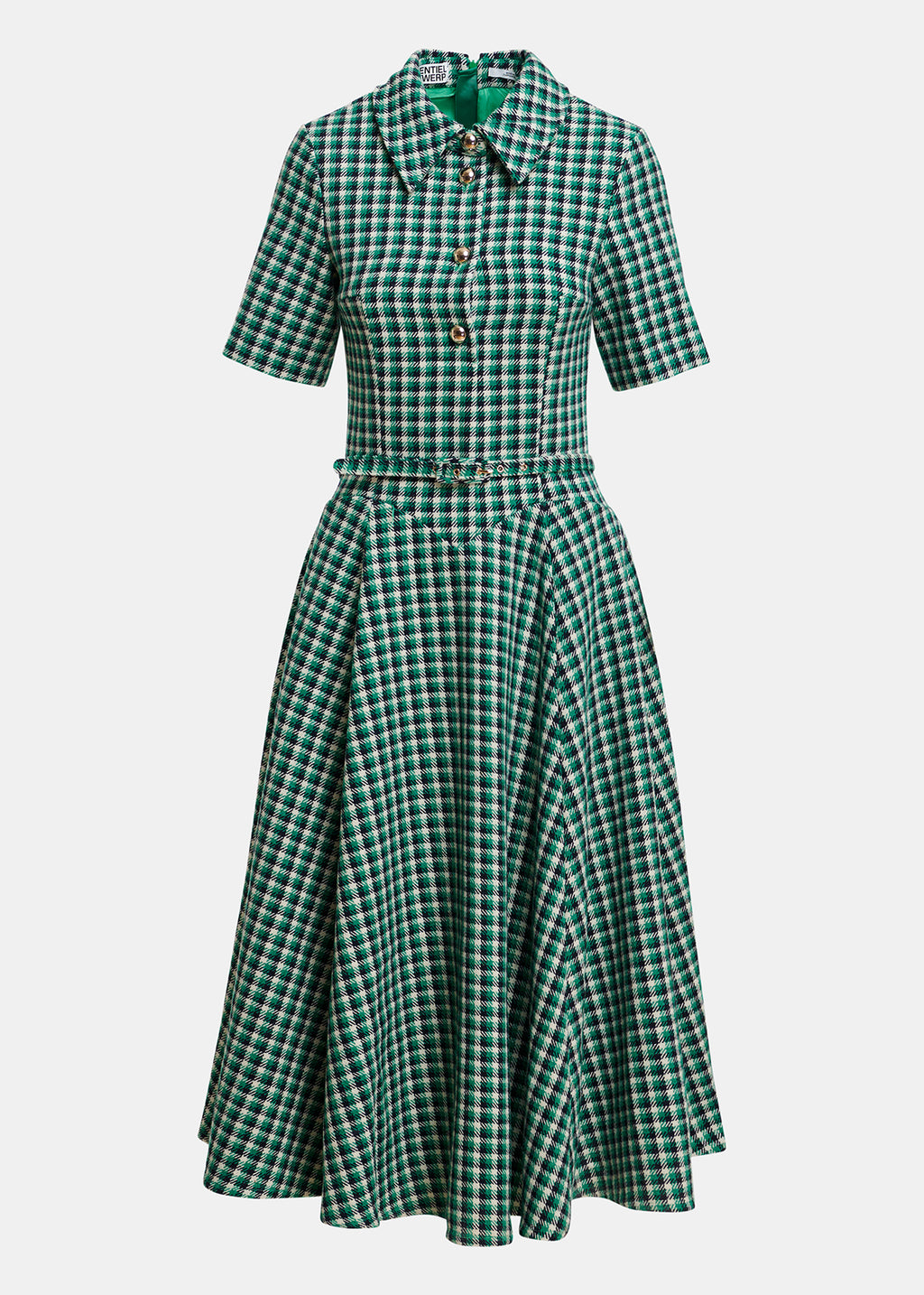 Essentiel Antwerp Green Wool-Blend Checked MIDI Shirt Dress