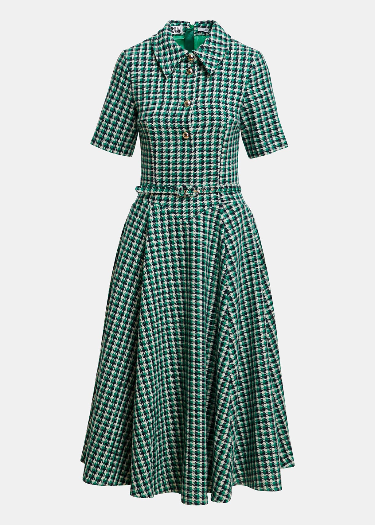 Essentiel Antwerp Green Wool-Blend Checked MIDI Shirt Dress