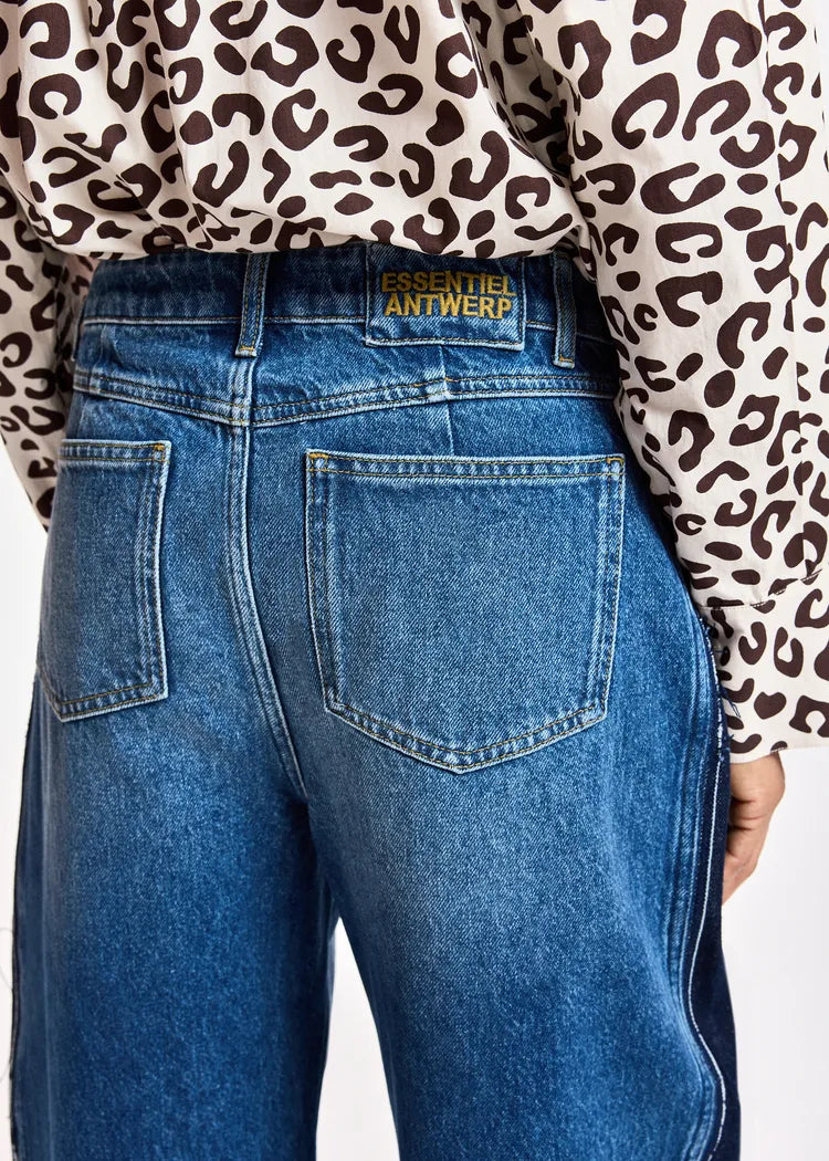 Essentiel Antwerp Blue Barrel-Leg Denim Jeans with Black Side Panels