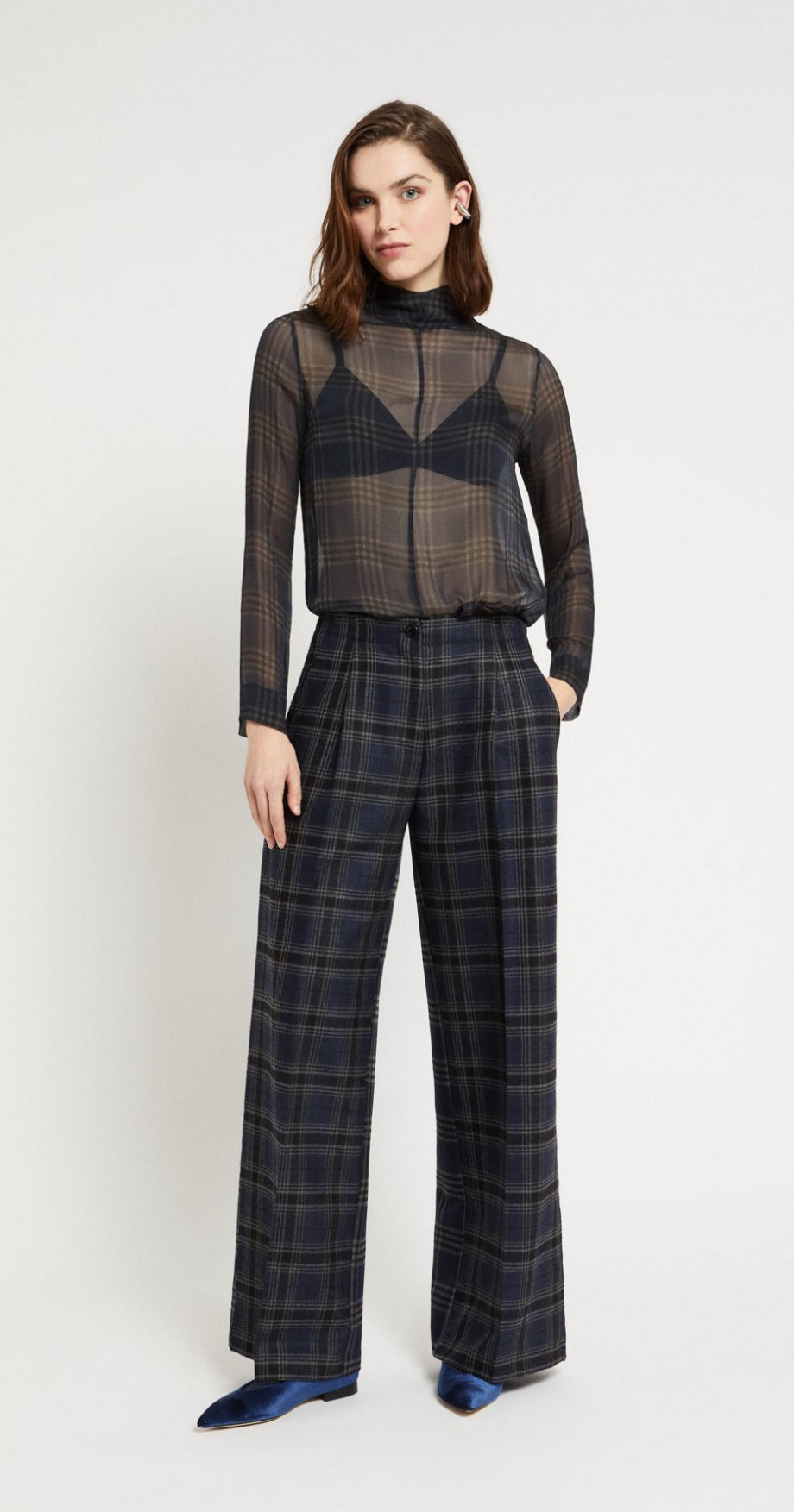 Ottod’Ame Navy Tartan Silk Chiffon  Blouse