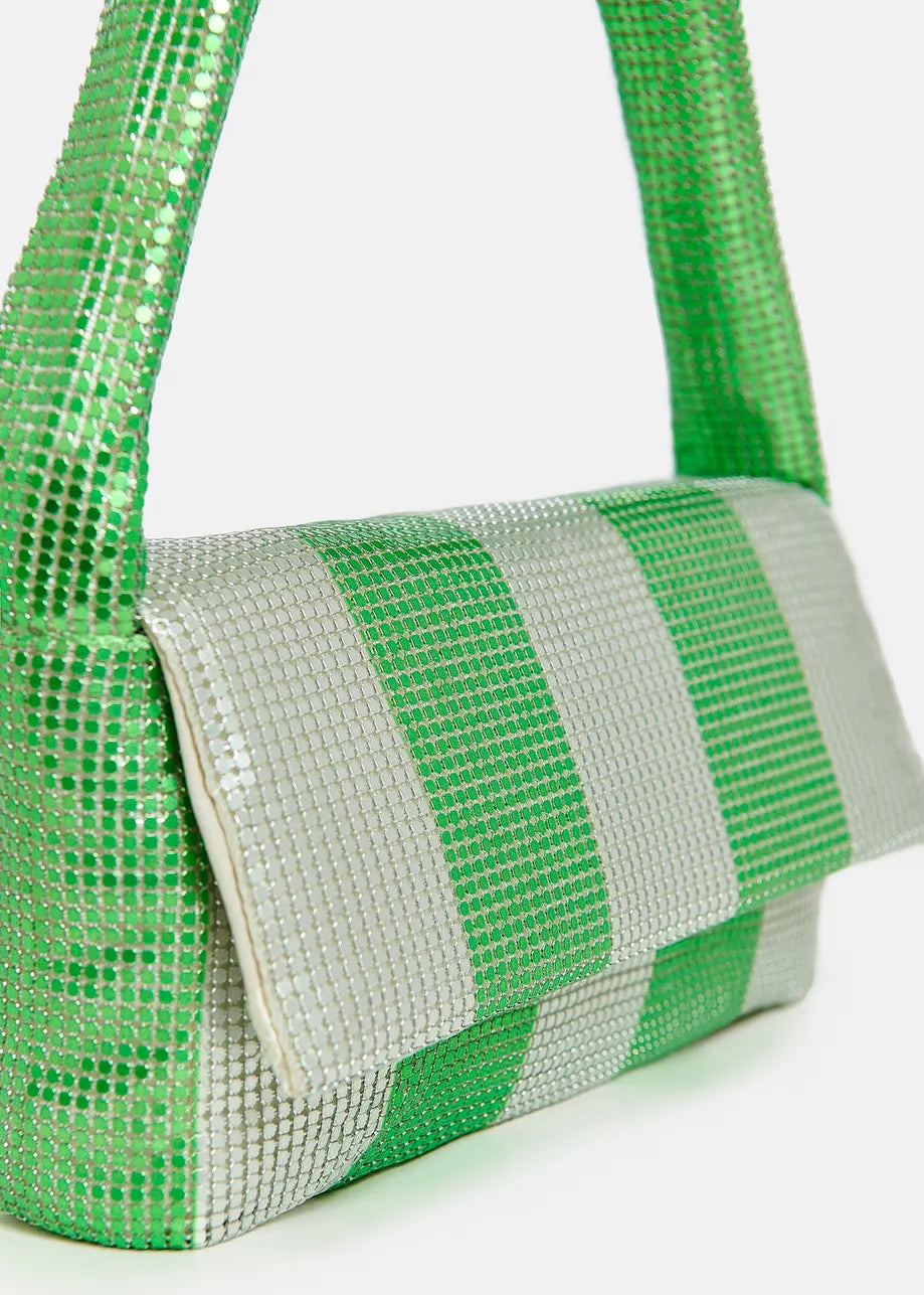 Essentiel Antwerp Green and Silver Striped Chainmail Shoulder Bag
