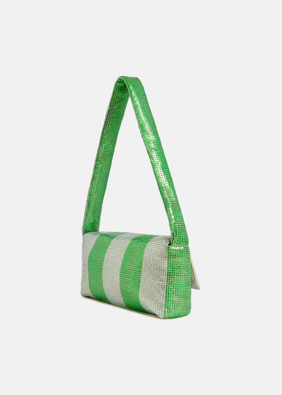 Essentiel Antwerp Green and Silver Striped Chainmail Shoulder Bag