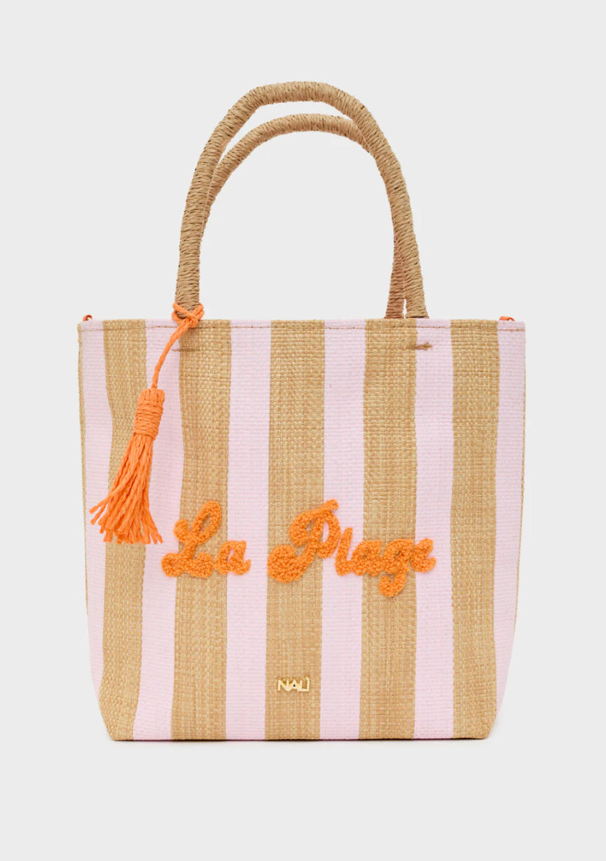 NALI Raffia Bag with Pink Stripe & Orange Lettering