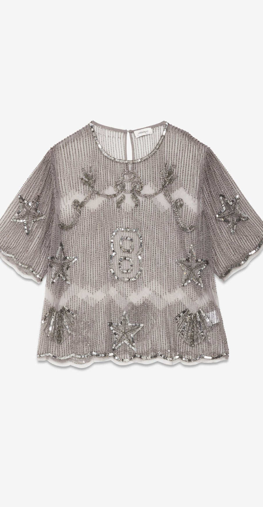 Ottod’Ame Pewter & Silver Tulle & Beaded Blouse with embroidery