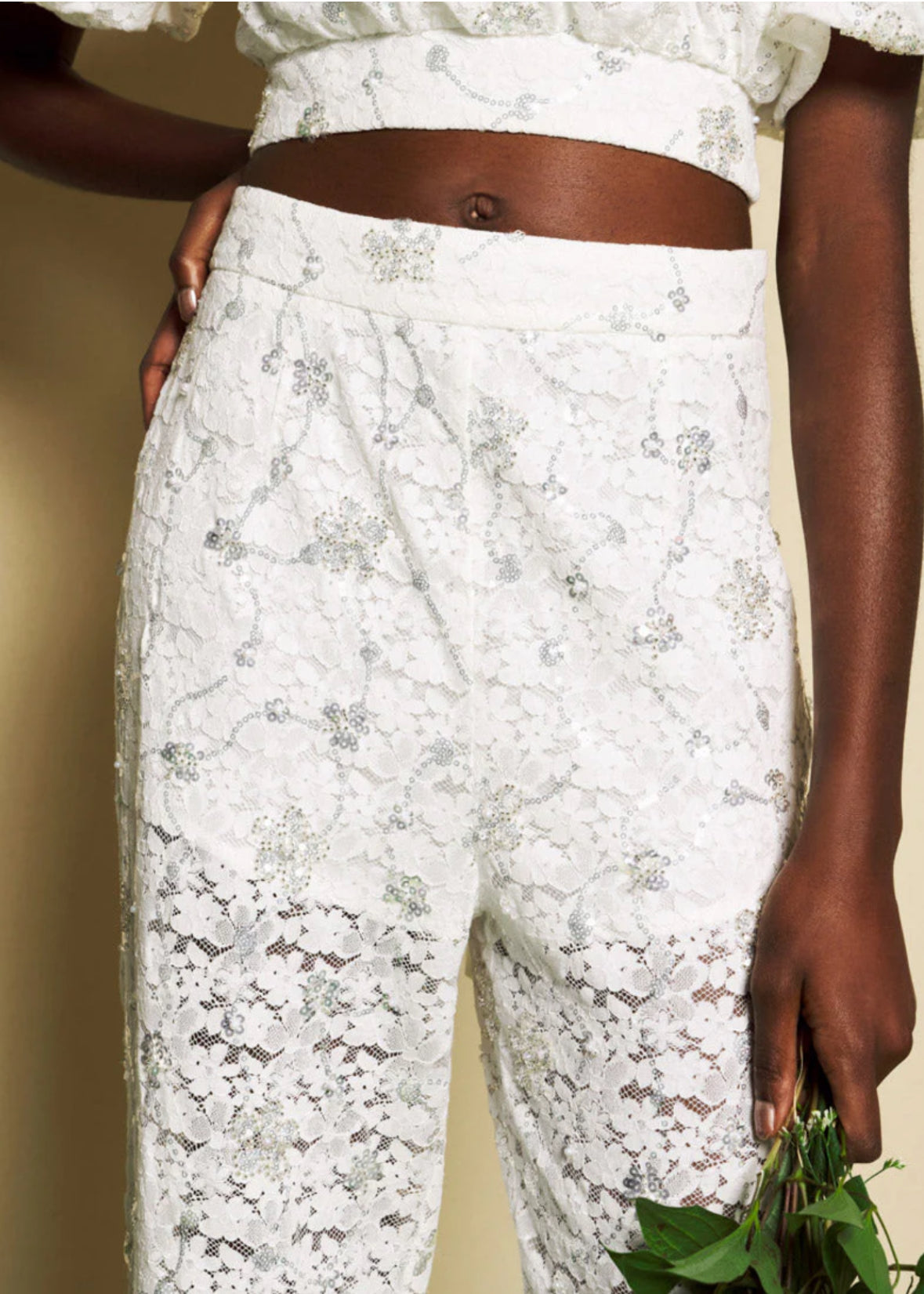 DREAM Sister Jane White Lace & Diamante Jardin High Waist Wide Leg Pants