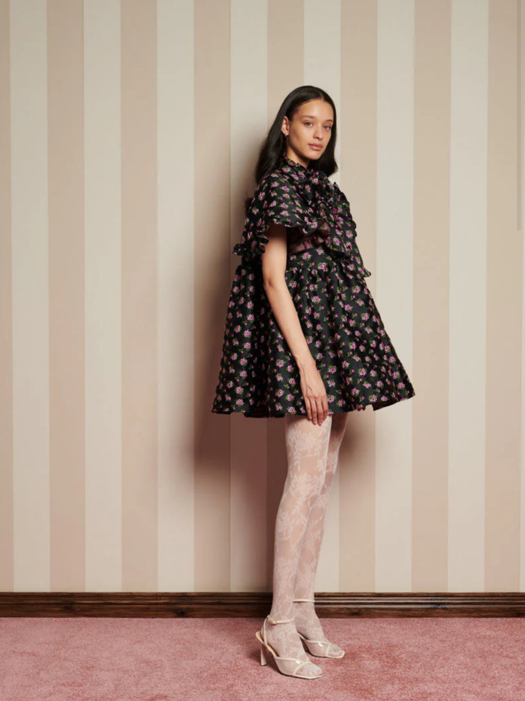 Sister Jane Black Jacquard Mini Dress with Purple Floral Print