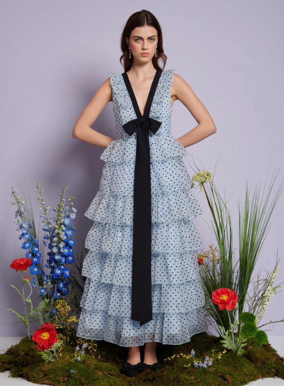 DREAM Sister Jane Blue Ruffle Midi Dress with Polka Dots