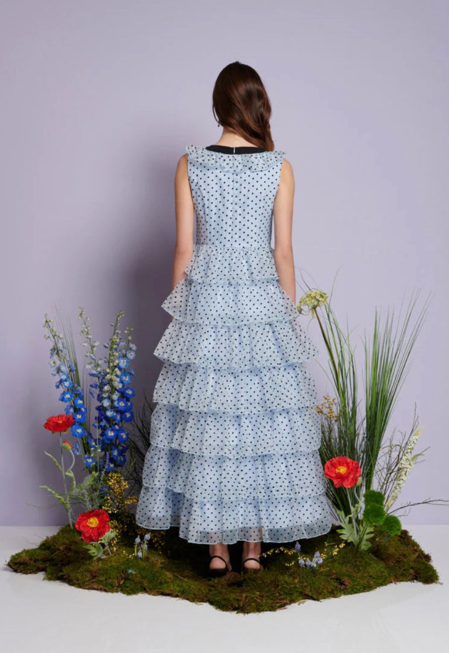DREAM Sister Jane Blue Ruffle Midi Dress with Polka Dots