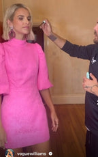 Essentiel Antwerp Bright Pink Jacquard Mini Dress with Puffed Sleeves