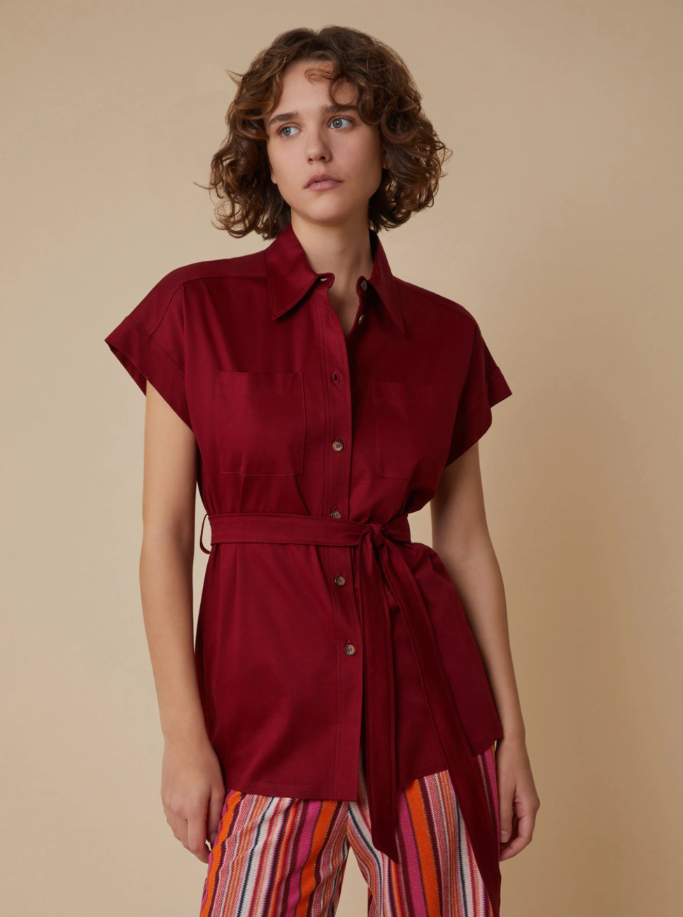 PENNYBLACK Burgundy Cotton Jersey Shirt with Tie Belt