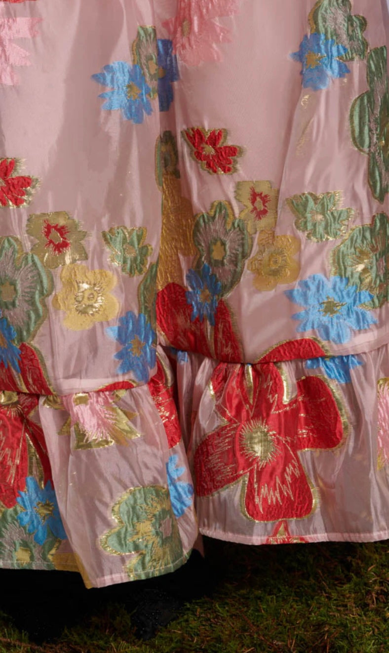 DREAM Sister Jane Pink & Red Floral Camellia Jacquard Maxi Dress