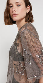 Ottod’Ame Pewter & Silver Tulle & Beaded Blouse with embroidery