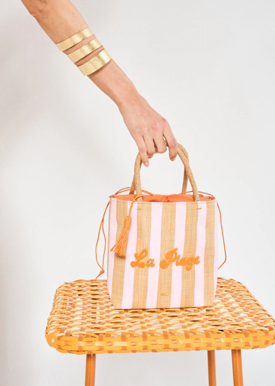 NALI Raffia Bag with Pink Stripe & Orange Lettering