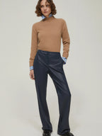 PENNYBLACK Navy Straight Leg Trousers in a Glazed Sheen Finish