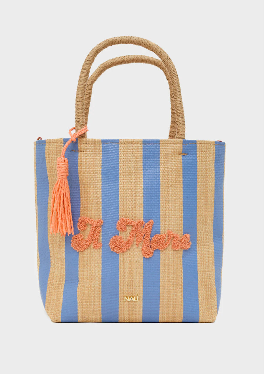 NALI Raffia Bag with Blue Stripe & Orange Lettering