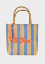 NALI Raffia Bag with Blue Stripe & Orange Lettering