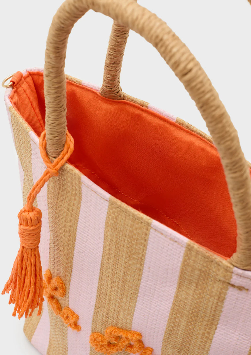 NALI Raffia Bag with Pink Stripe & Orange Lettering