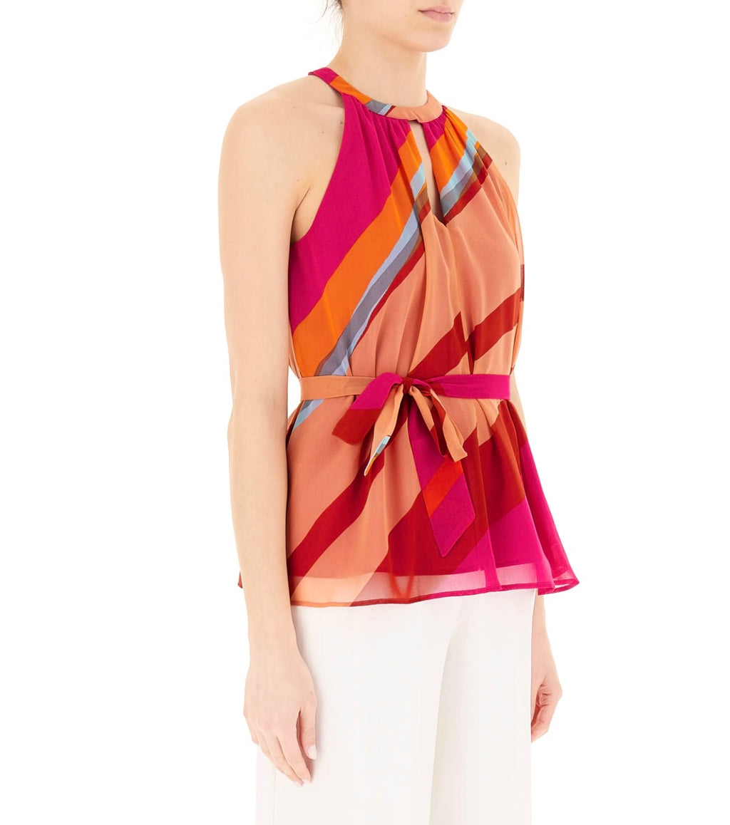 PENNYBLACK Halter Neck Pink Orange Chiffon Top with Tie Belt