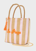 NALI Raffia Bag with Pink Stripe & Orange Lettering
