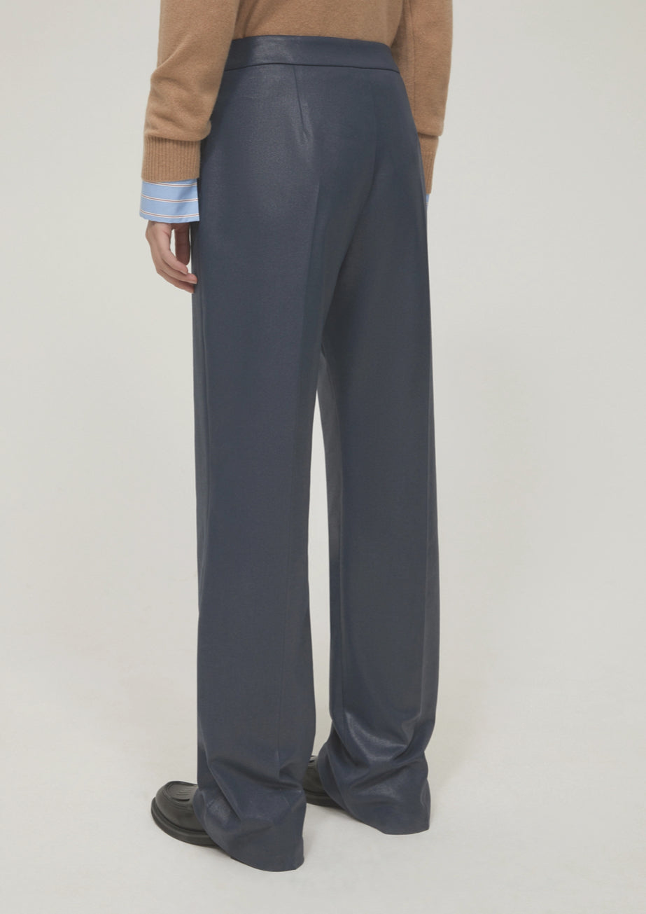 PENNYBLACK Navy Straight Leg Trousers in a Glazed Sheen Finish
