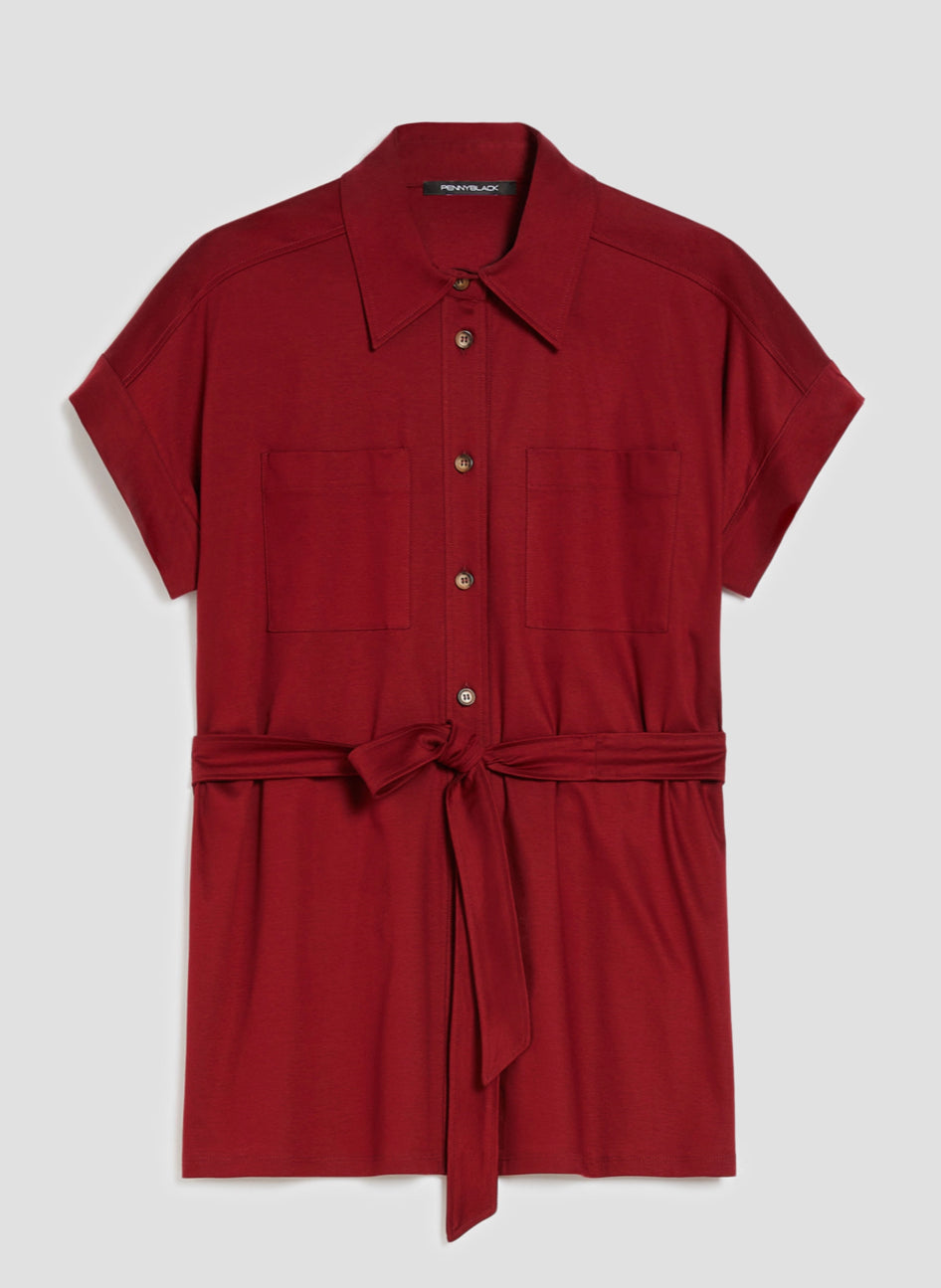 PENNYBLACK Burgundy Cotton Jersey Shirt with Tie Belt