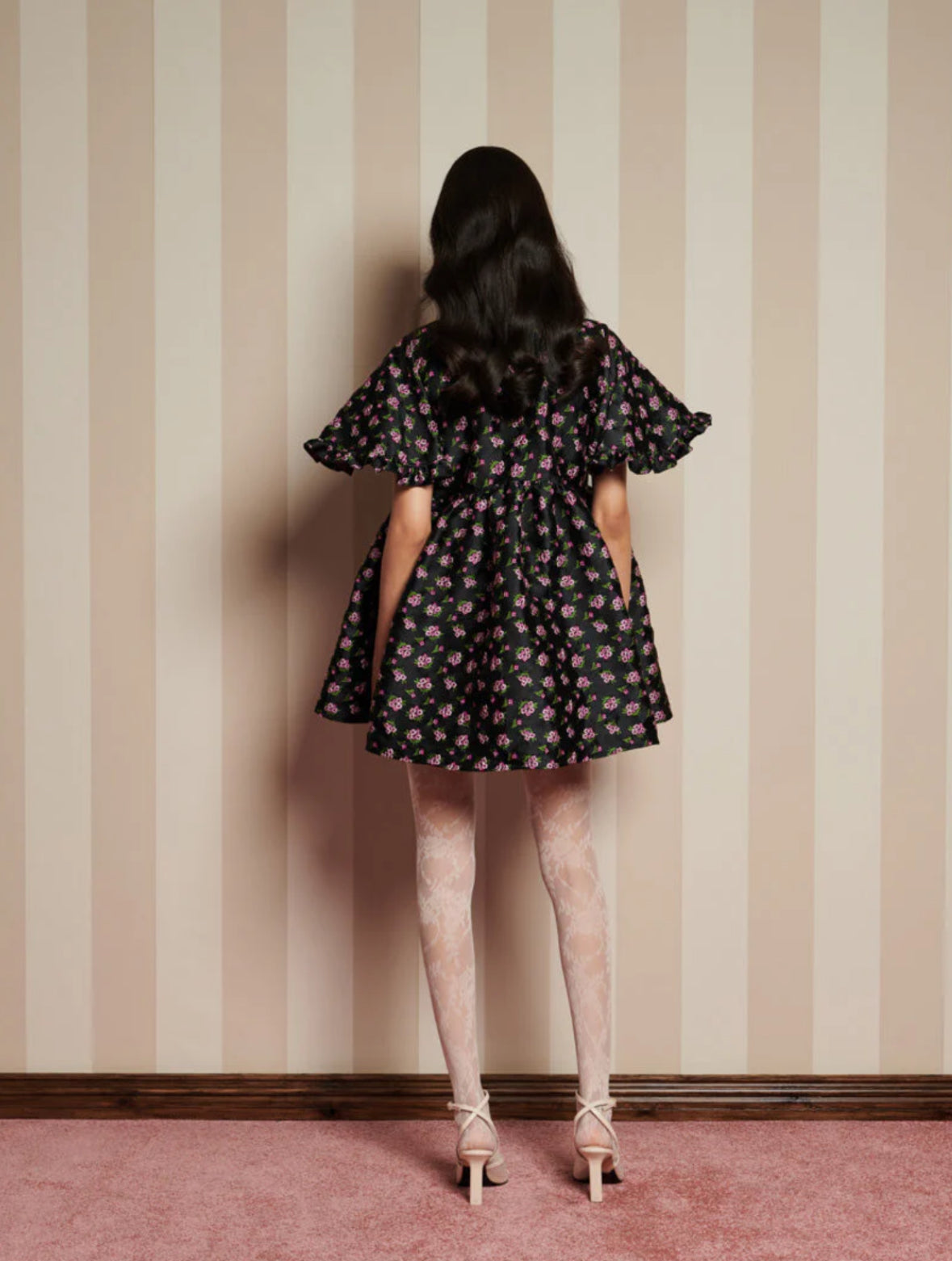 Sister Jane Black Jacquard Mini Dress with Purple Floral Print