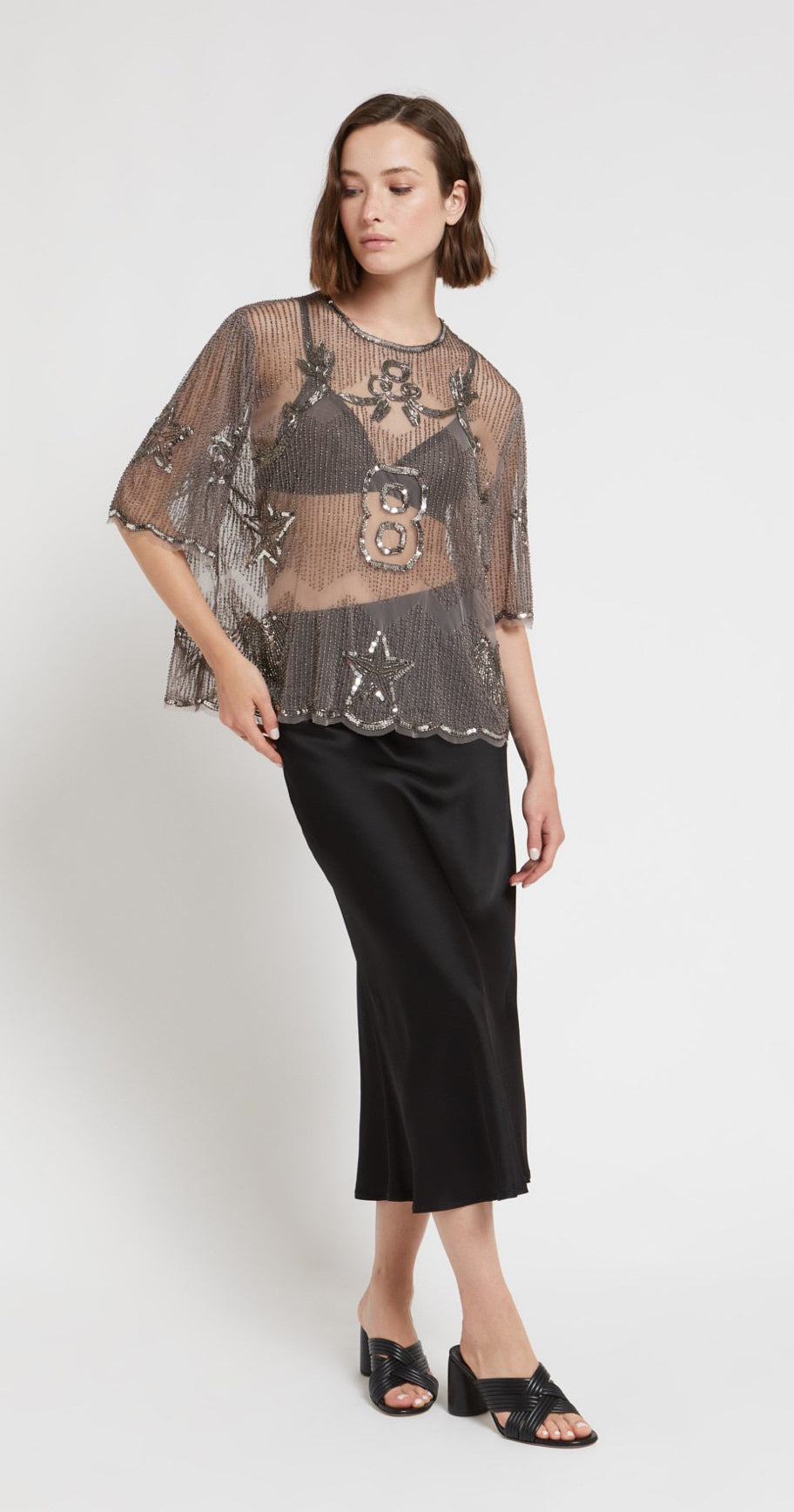 Ottod’Ame Pewter & Silver Tulle & Beaded Blouse with embroidery