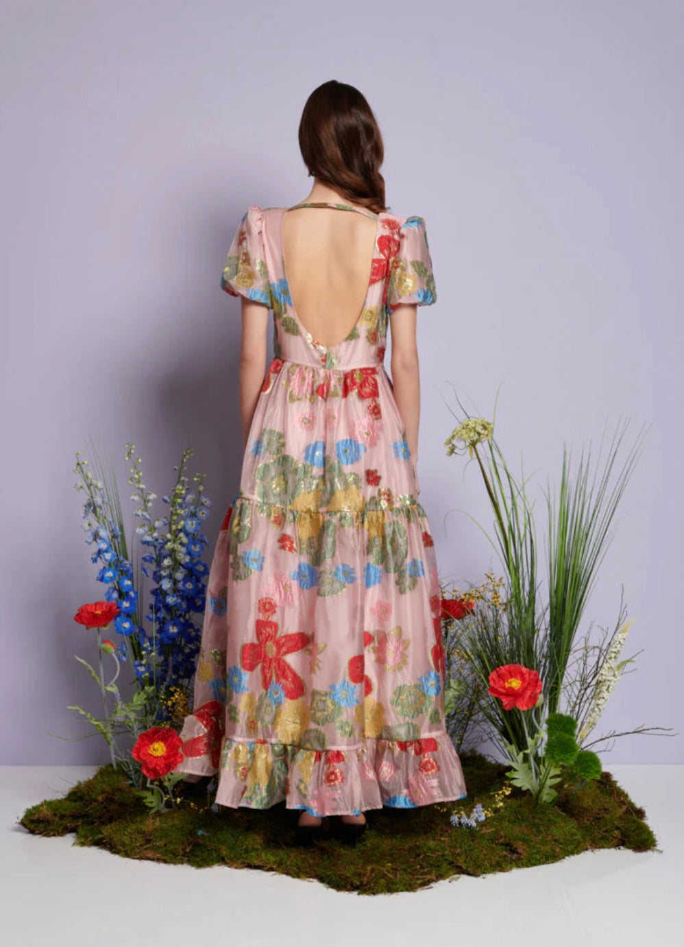 DREAM Sister Jane Pink & Red Floral Camellia Jacquard Maxi Dress