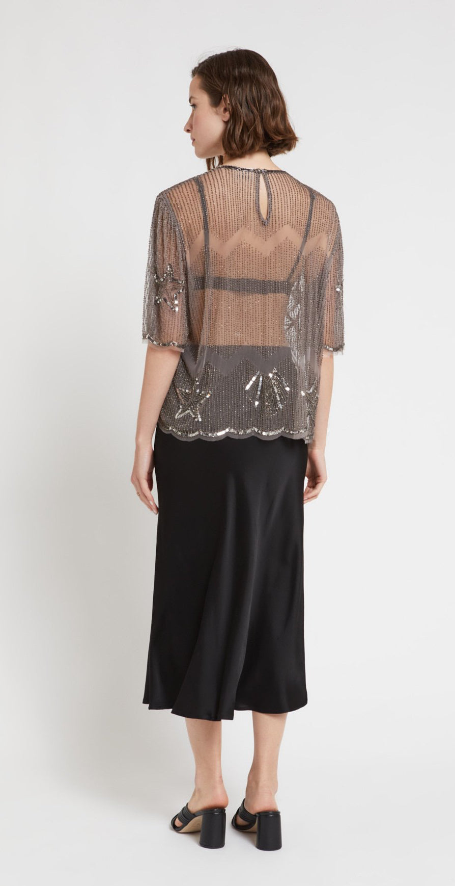 Ottod’Ame Pewter & Silver Tulle & Beaded Blouse with embroidery