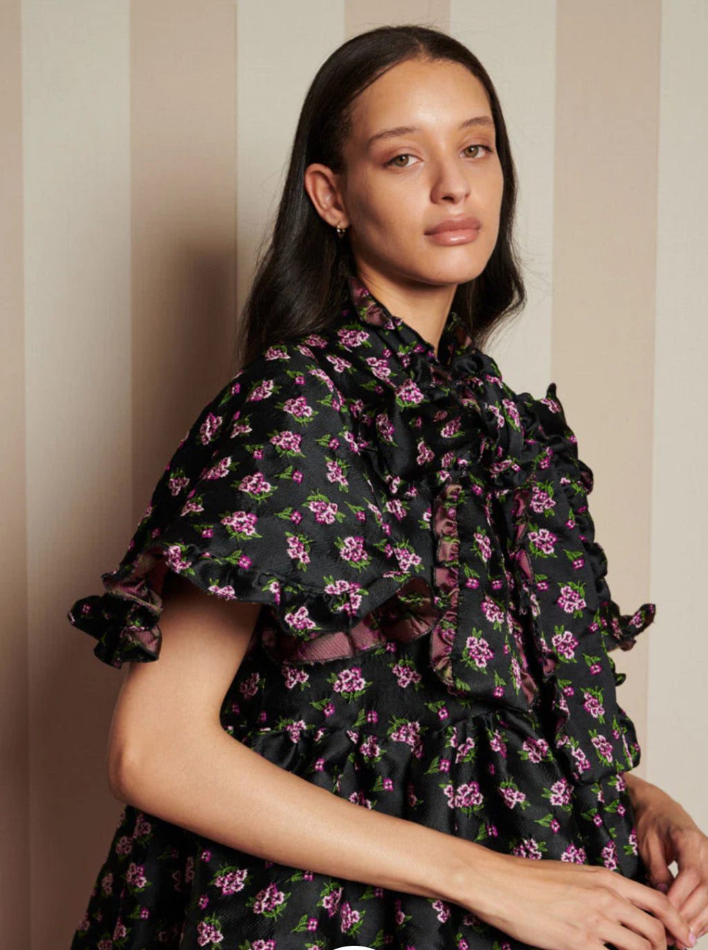 Sister Jane Black Jacquard Mini Dress with Purple Floral Print