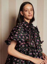 Load image into Gallery viewer, Sister Jane Black Jacquard Mini Dress with Purple Floral Print
